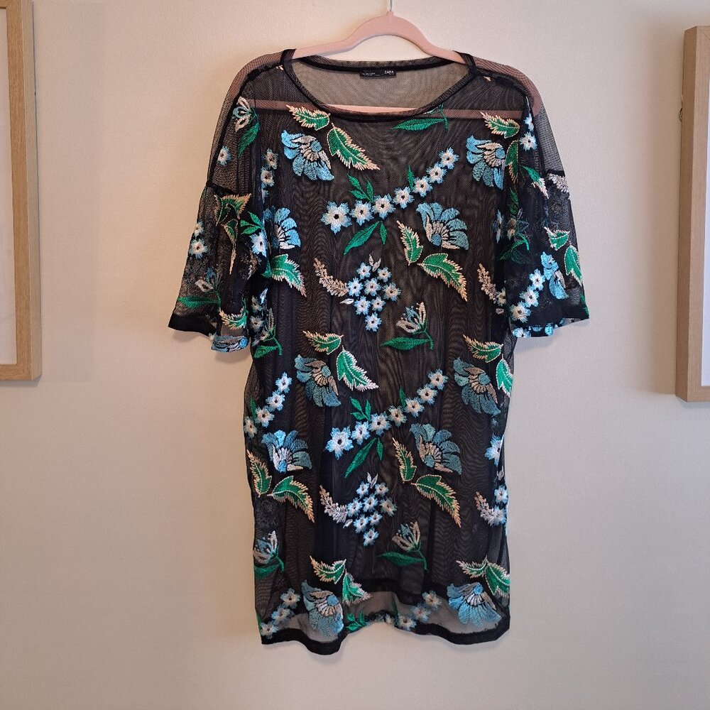 Womens ZARA Black Mesh Floral Embroidered Tunic Top